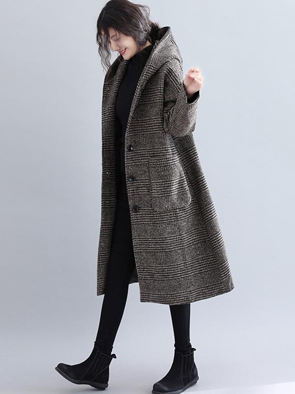 Loose Plaid Woolen Hood Coat - Image 4