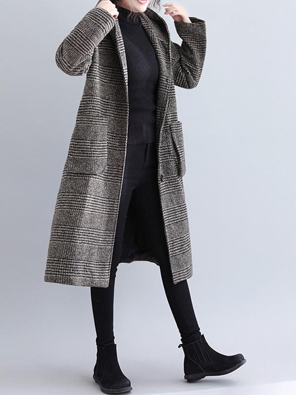 Loose Plaid Woolen Hood Coat - Image 5
