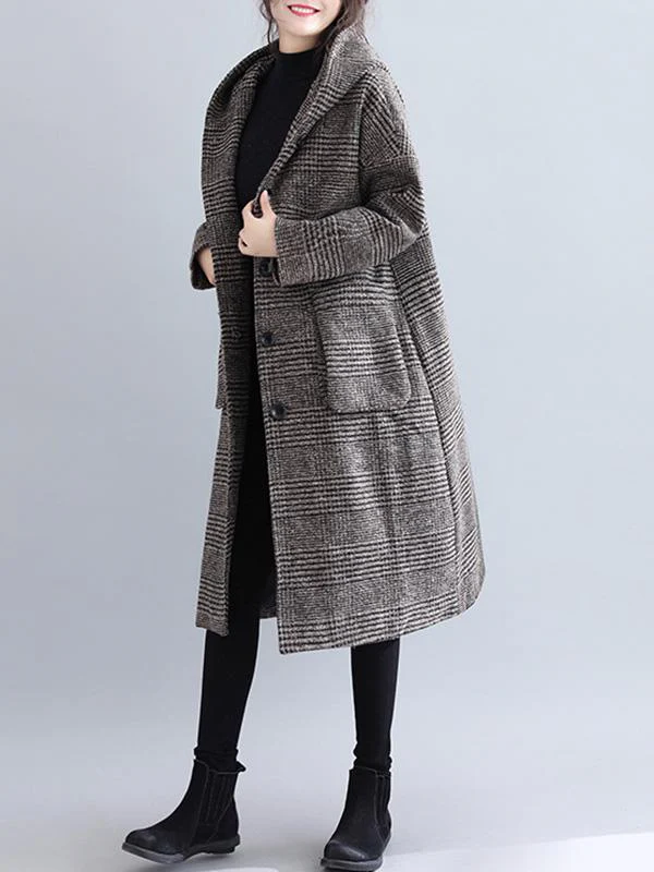Loose Plaid Woolen Hood Coat - Image 6