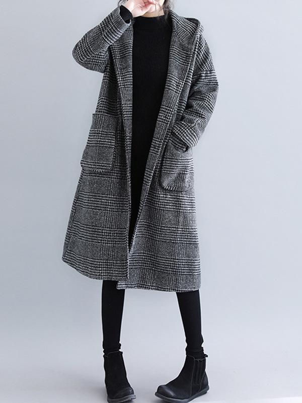 Loose Plaid Woolen Hood Coat - Image 7