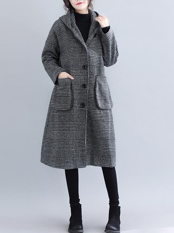 Loose Plaid Woolen Hood Coat - Image 9