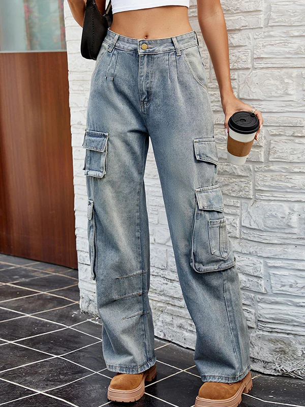 Loose Pleated Pockets Split-Joint Jean Pants Bottoms