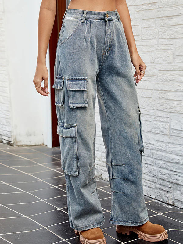 Loose Pleated Pockets Split-Joint Jean Pants Bottoms - Image 2