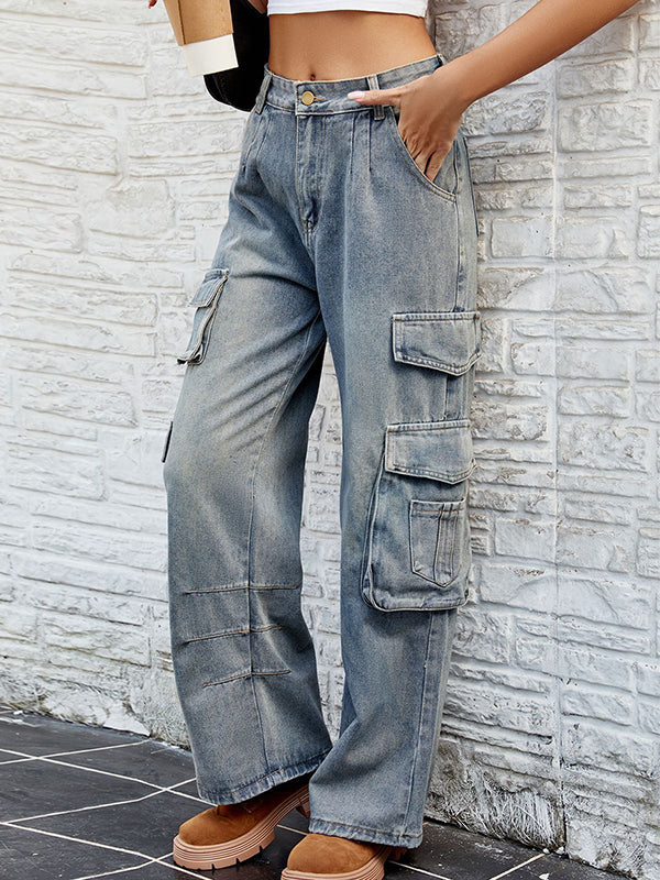 Loose Pleated Pockets Split-Joint Jean Pants Bottoms - Image 3