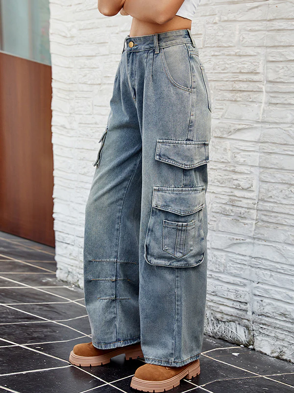 Loose Pleated Pockets Split-Joint Jean Pants Bottoms - Image 4