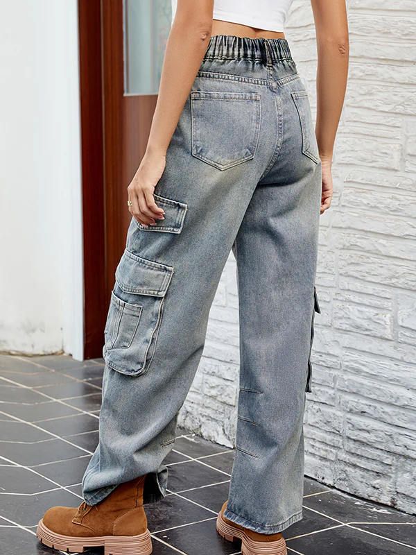 Loose Pleated Pockets Split-Joint Jean Pants Bottoms - Image 6