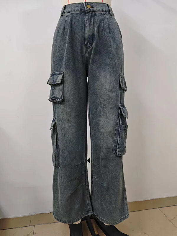 Loose Pleated Pockets Split-Joint Jean Pants Bottoms - Image 7