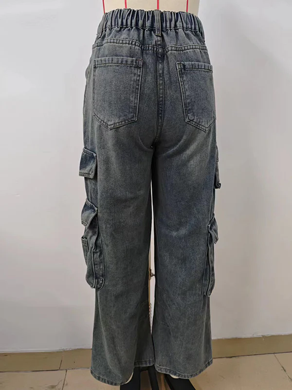 Loose Pleated Pockets Split-Joint Jean Pants Bottoms - Image 9