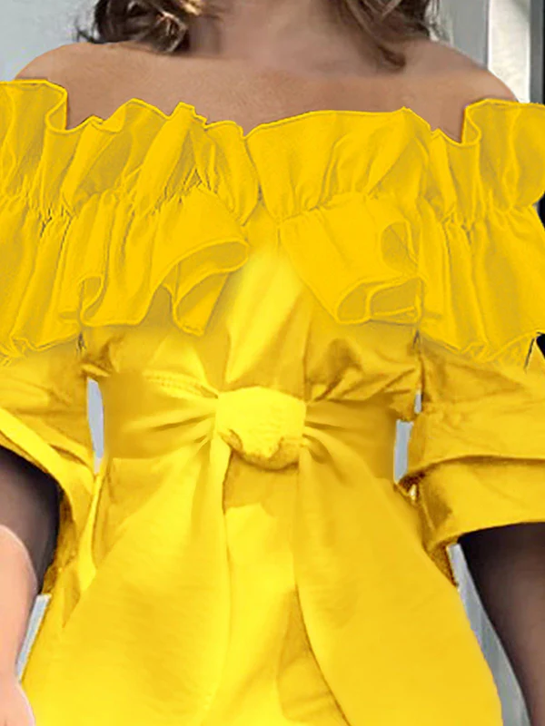 Loose Pleated Ruffled Solid Color Split-Joint Tiered Off-The-Shoulder Blouses&Shirts Tops - Image 2