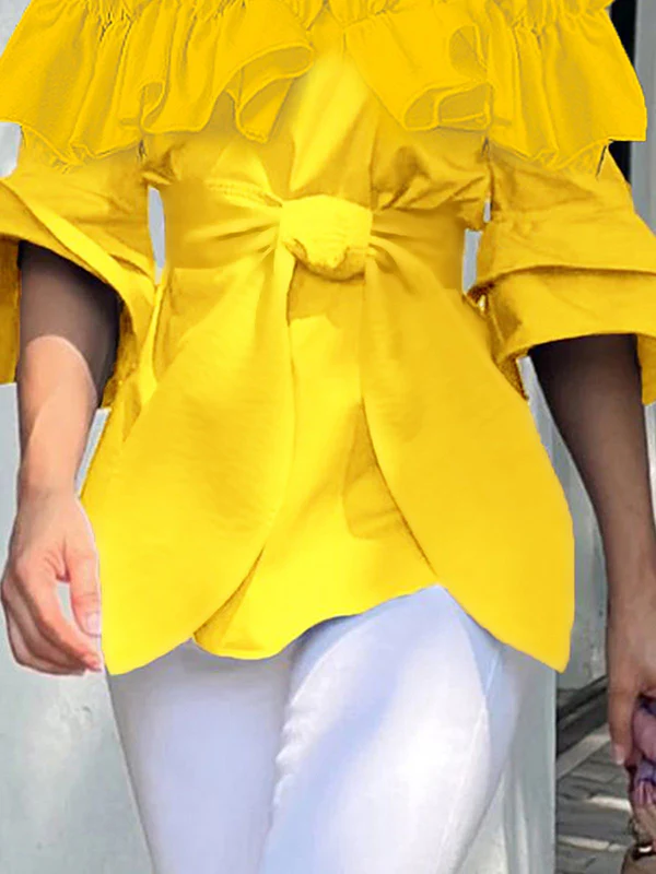 Loose Pleated Ruffled Solid Color Split-Joint Tiered Off-The-Shoulder Blouses&Shirts Tops - Image 3