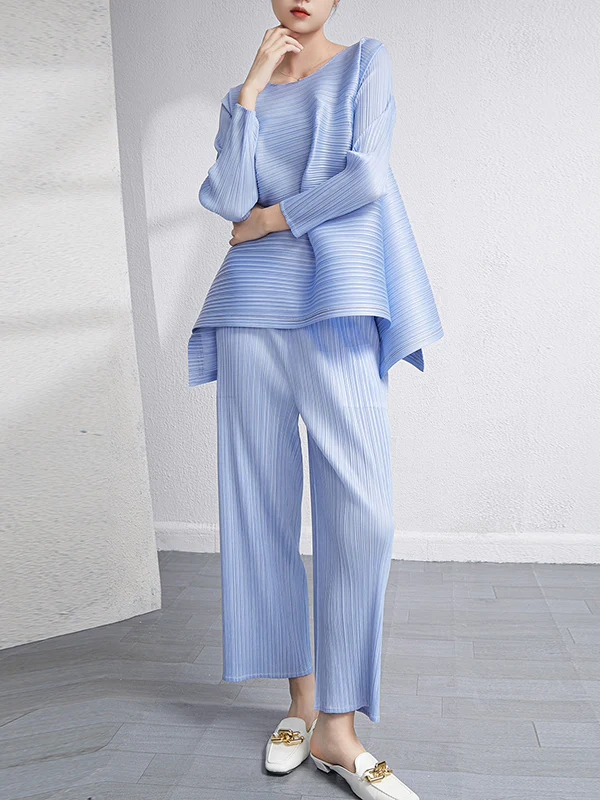 Loose Pleated Solid Color High-Low Round-Neck T-Shirts + Pants Two Pieces Set