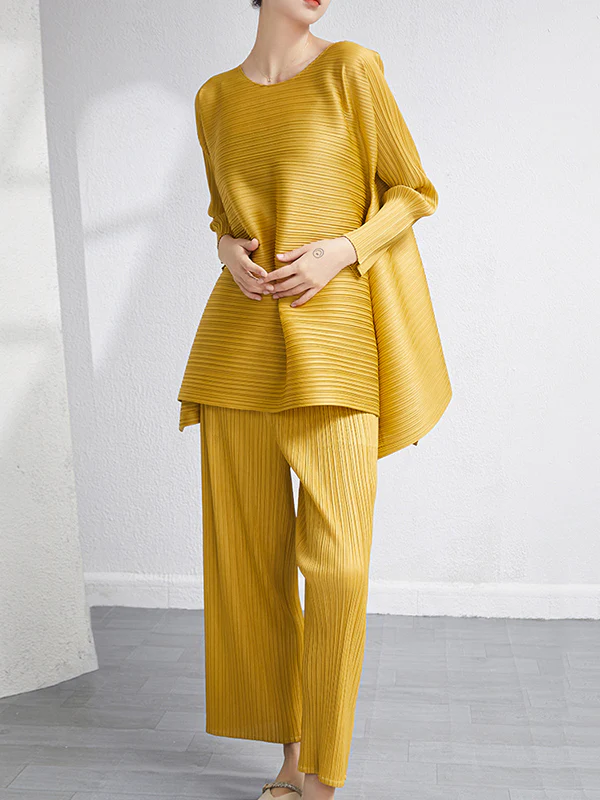 Loose Pleated Solid Color High-Low Round-Neck T-Shirts + Pants Two Pieces Set - Image 10