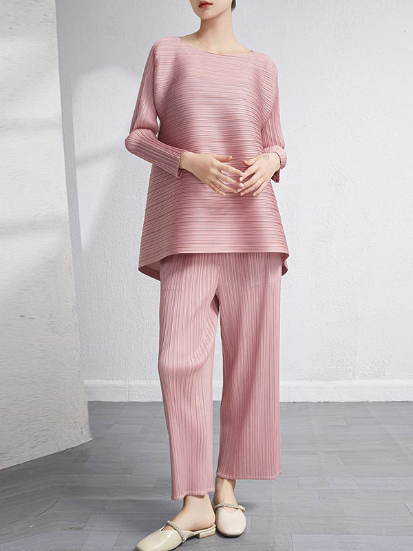 Loose Pleated Solid Color High-Low Round-Neck T-Shirts + Pants Two Pieces Set - Image 11