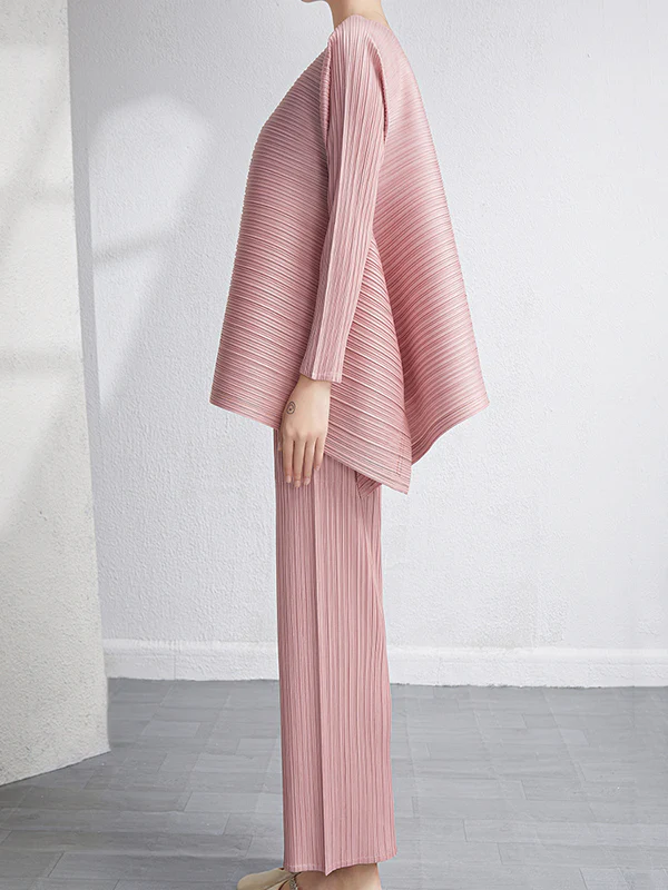Loose Pleated Solid Color High-Low Round-Neck T-Shirts + Pants Two Pieces Set - Image 12