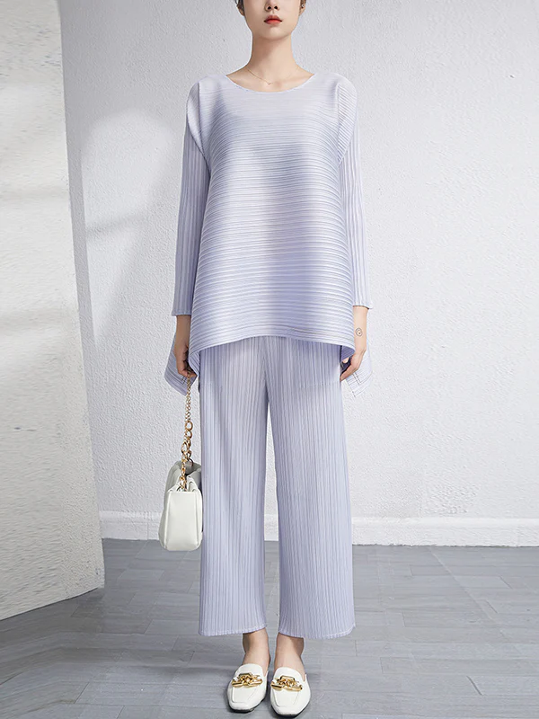 Loose Pleated Solid Color High-Low Round-Neck T-Shirts + Pants Two Pieces Set - Image 13
