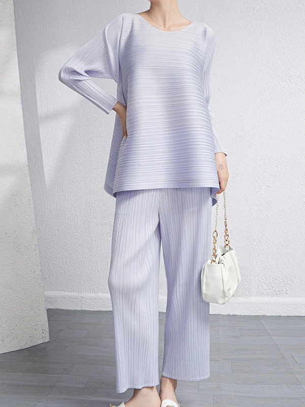 Loose Pleated Solid Color High-Low Round-Neck T-Shirts + Pants Two Pieces Set - Image 14