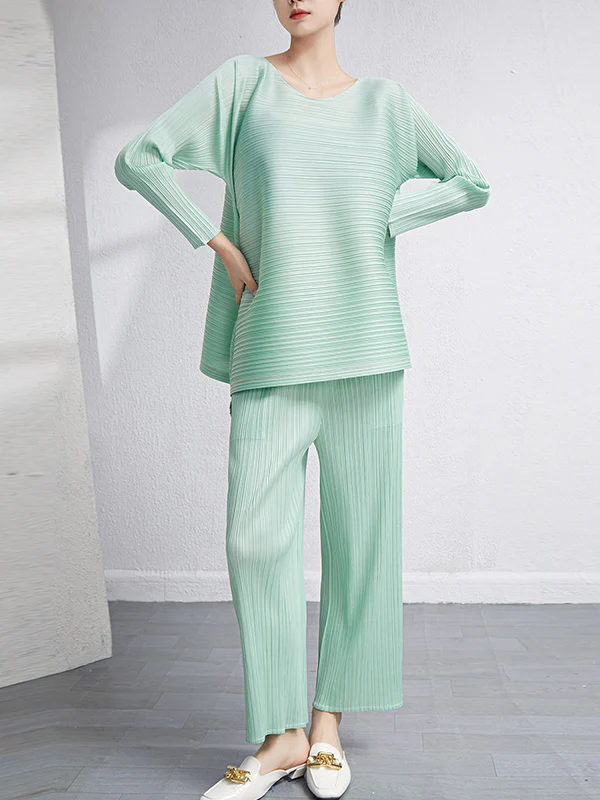 Loose Pleated Solid Color High-Low Round-Neck T-Shirts + Pants Two Pieces Set - Image 2