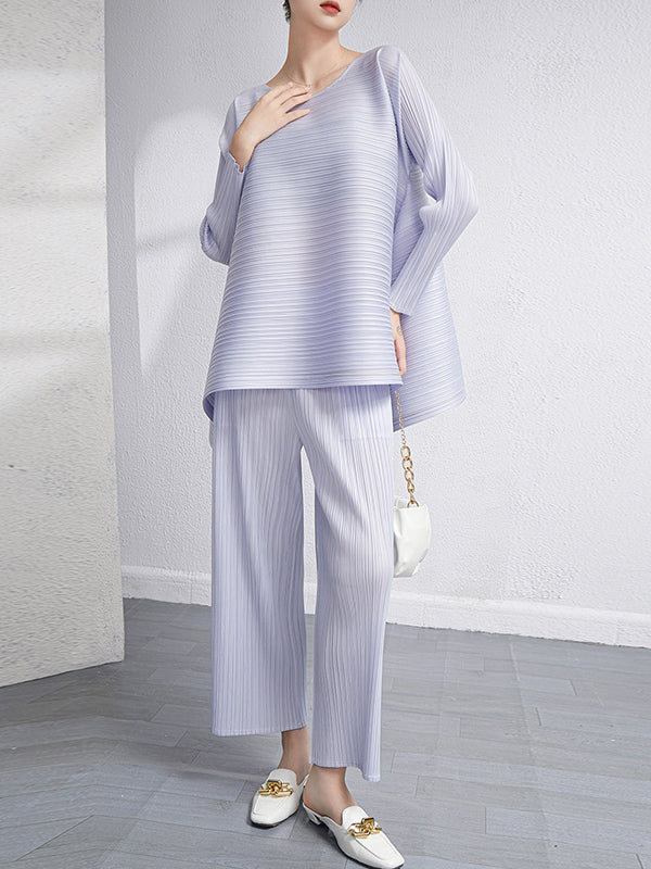 Loose Pleated Solid Color High-Low Round-Neck T-Shirts + Pants Two Pieces Set - Image 3