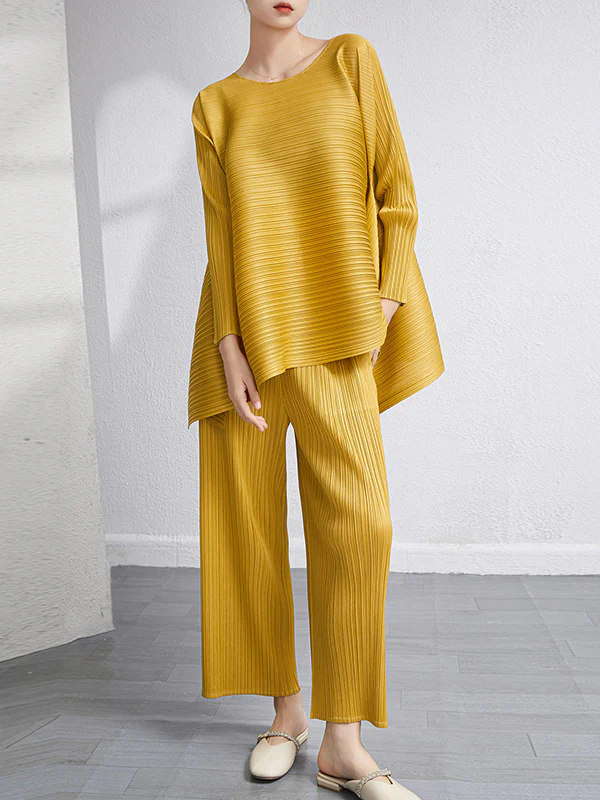 Loose Pleated Solid Color High-Low Round-Neck T-Shirts + Pants Two Pieces Set - Image 4