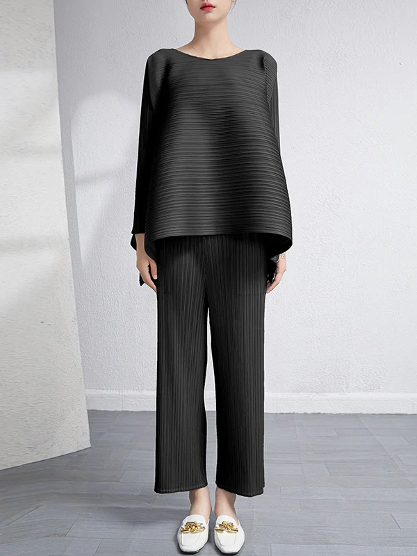 Loose Pleated Solid Color High-Low Round-Neck T-Shirts + Pants Two Pieces Set - Image 6