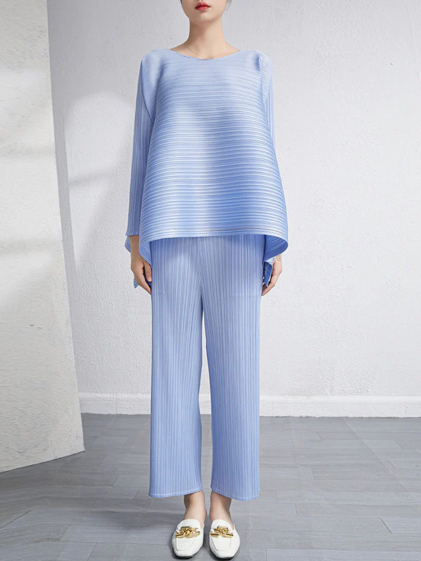 Loose Pleated Solid Color High-Low Round-Neck T-Shirts + Pants Two Pieces Set - Image 7