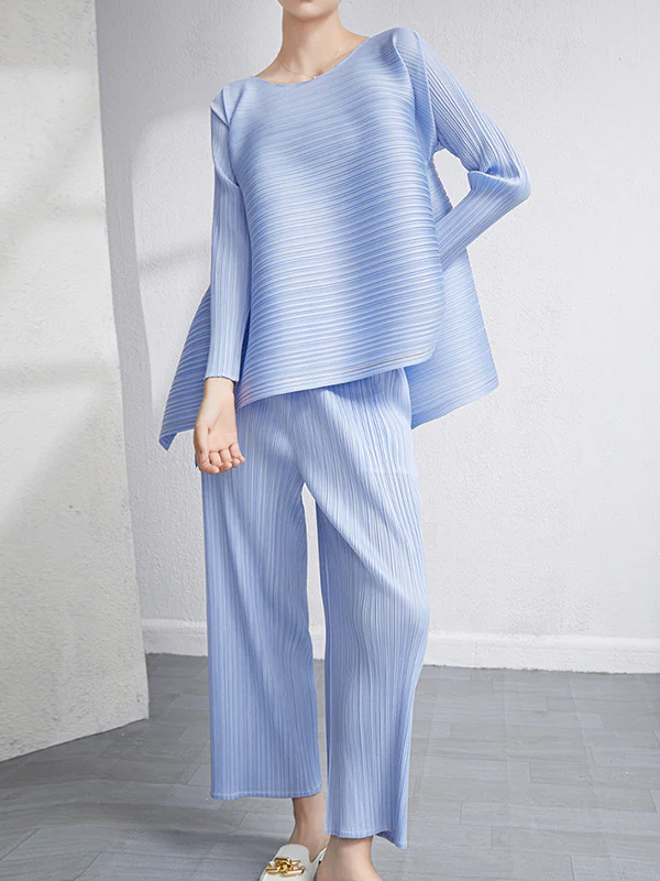 Loose Pleated Solid Color High-Low Round-Neck T-Shirts + Pants Two Pieces Set - Image 8