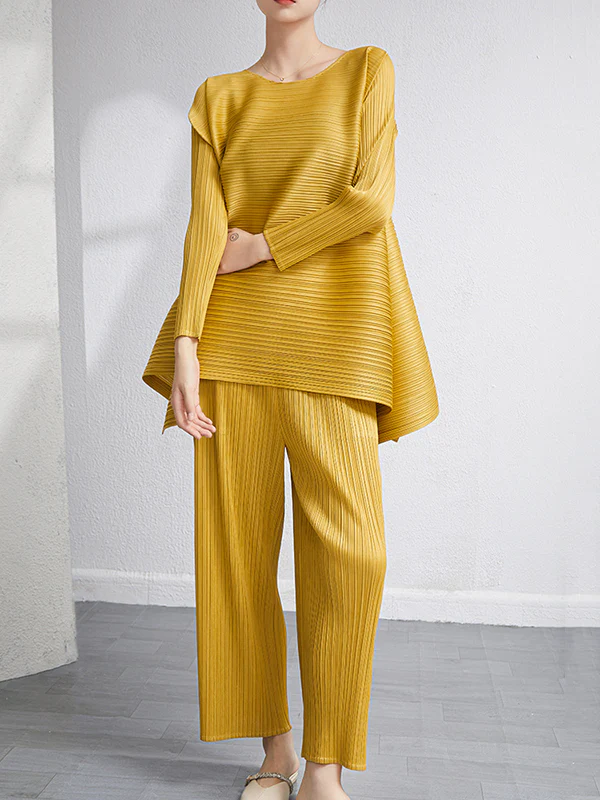 Loose Pleated Solid Color High-Low Round-Neck T-Shirts + Pants Two Pieces Set - Image 9
