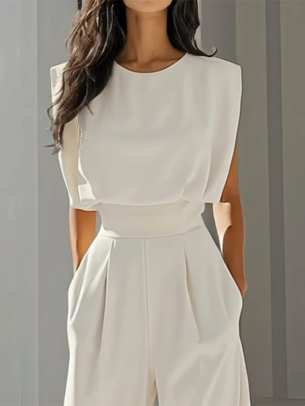 Loose Pleated Solid Color Split-Joint Round-Neck Jumpsuits - Image 3