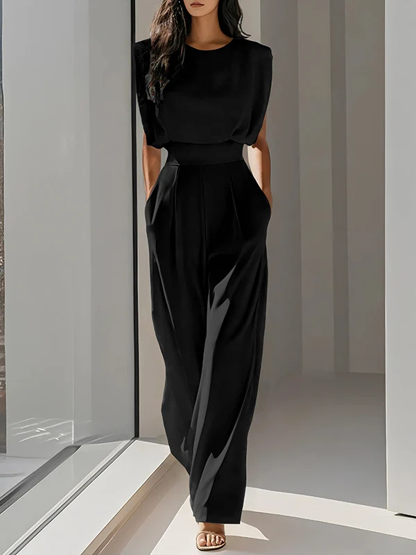 Loose Pleated Solid Color Split-Joint Round-Neck Jumpsuits - Image 4