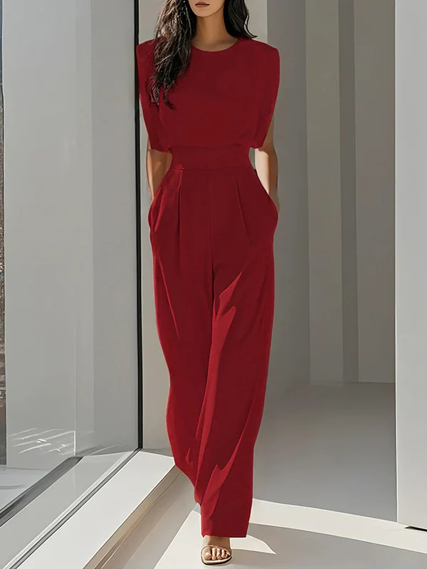 Loose Pleated Solid Color Split-Joint Round-Neck Jumpsuits - Image 5