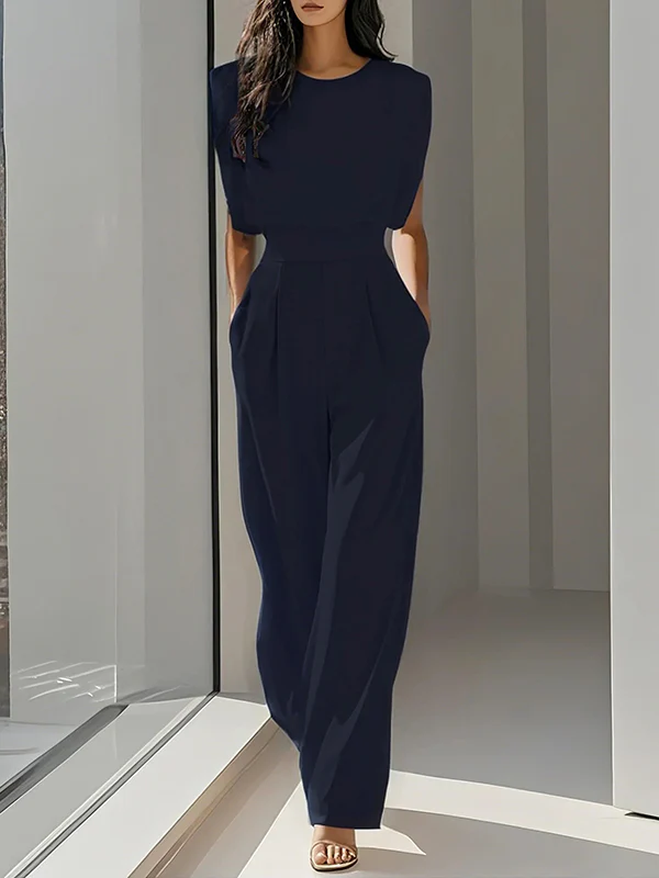 Loose Pleated Solid Color Split-Joint Round-Neck Jumpsuits - Image 6
