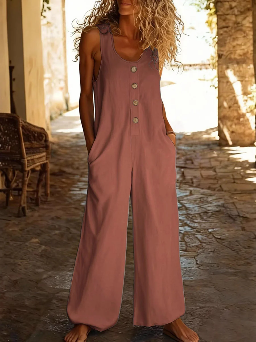 Loose Plus Size Buttoned Colorful Pockets Solid Color Split-Joint Square-Neck Jumpsuits - Image 3