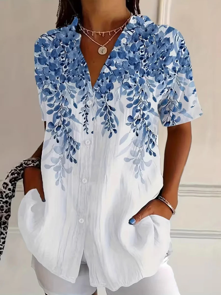 Loose Plus Size Buttoned Contrast Color Flower Print Lapel Blouses&Shirts Tops