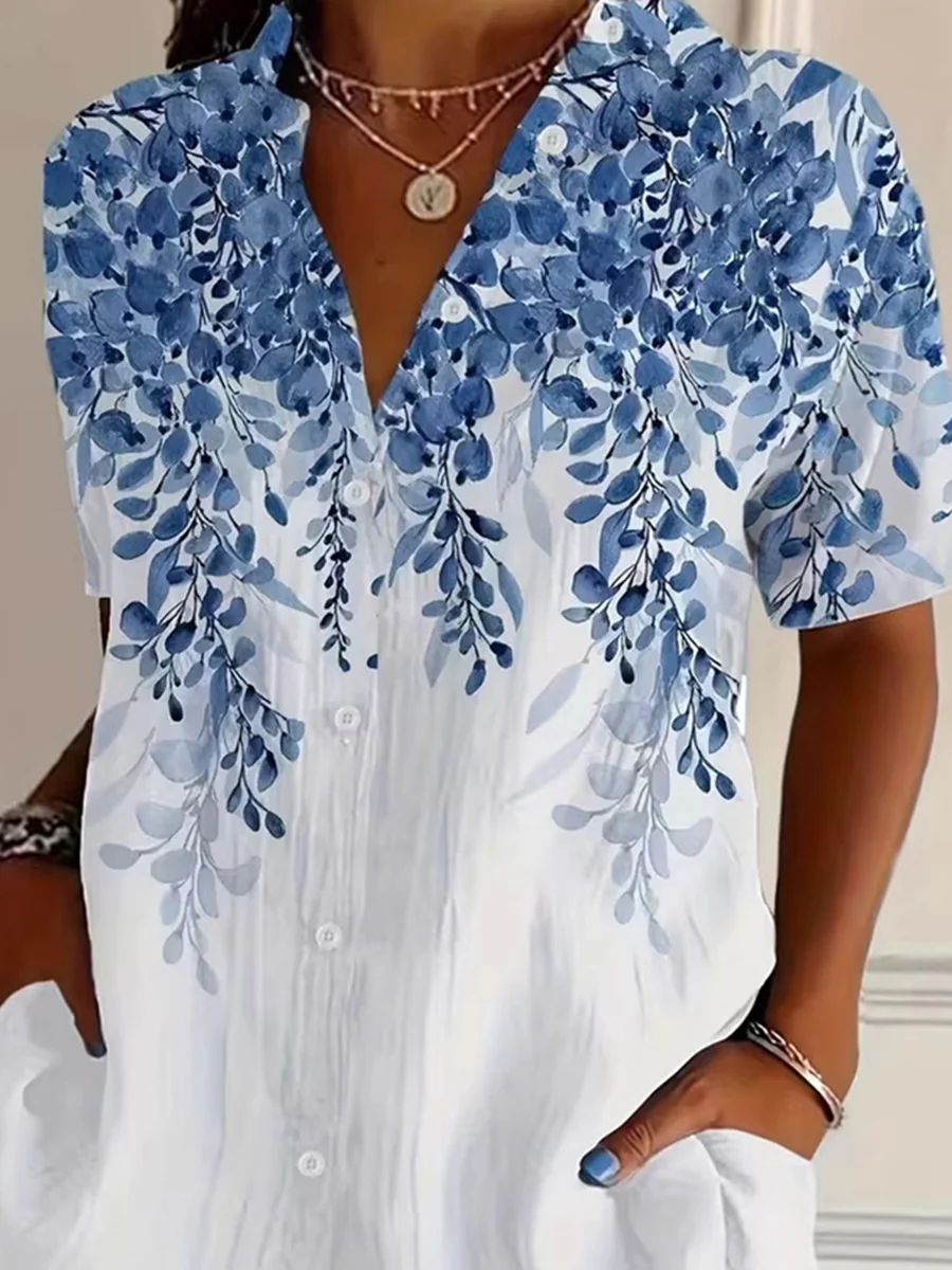 Loose Plus Size Buttoned Contrast Color Flower Print Lapel Blouses&Shirts Tops - Image 2