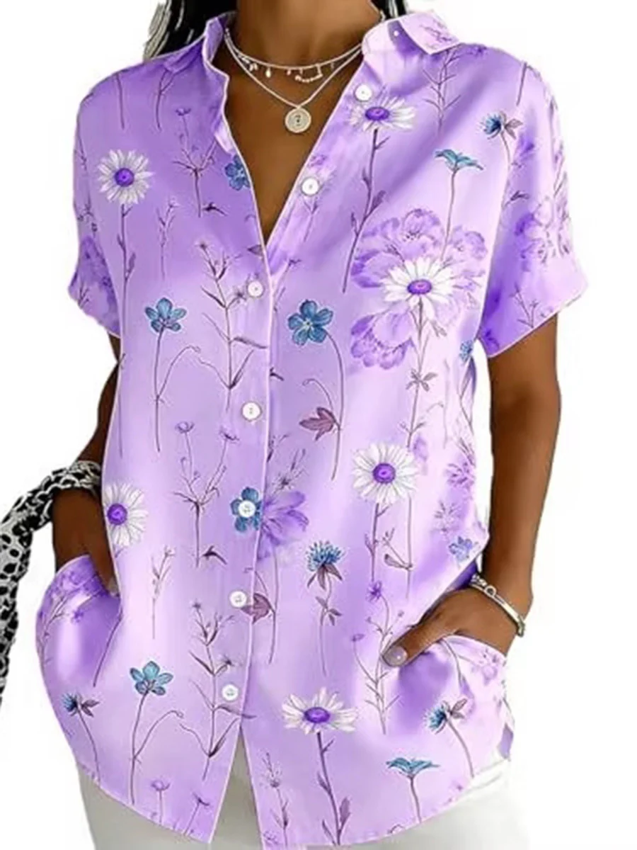Loose Plus Size Buttoned Contrast Color Flower Print Lapel Blouses&Shirts Tops - Image 2