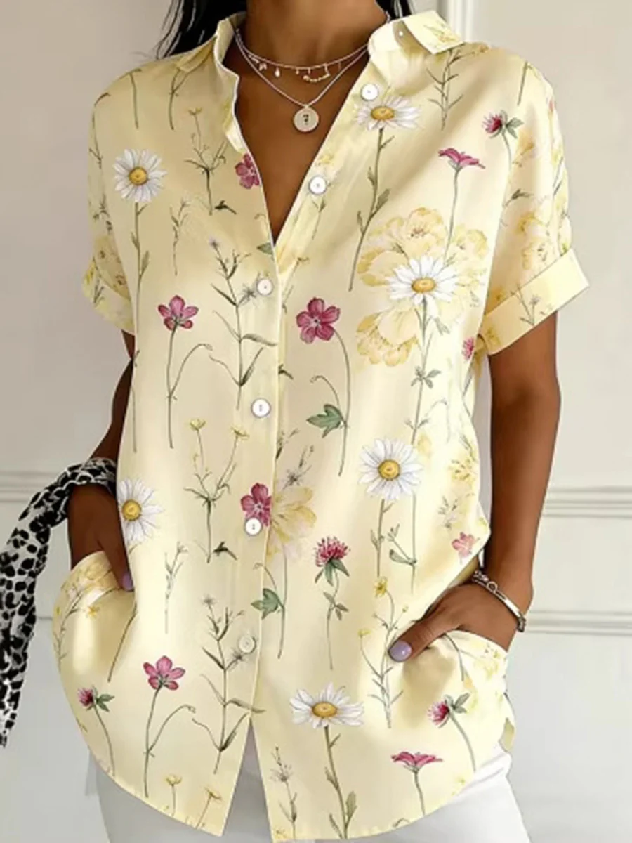 Loose Plus Size Buttoned Contrast Color Flower Print Lapel Blouses&Shirts Tops - Image 3