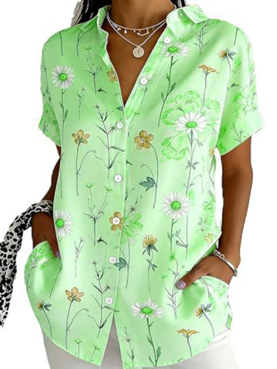 Loose Plus Size Buttoned Contrast Color Flower Print Lapel Blouses&Shirts Tops - Image 4