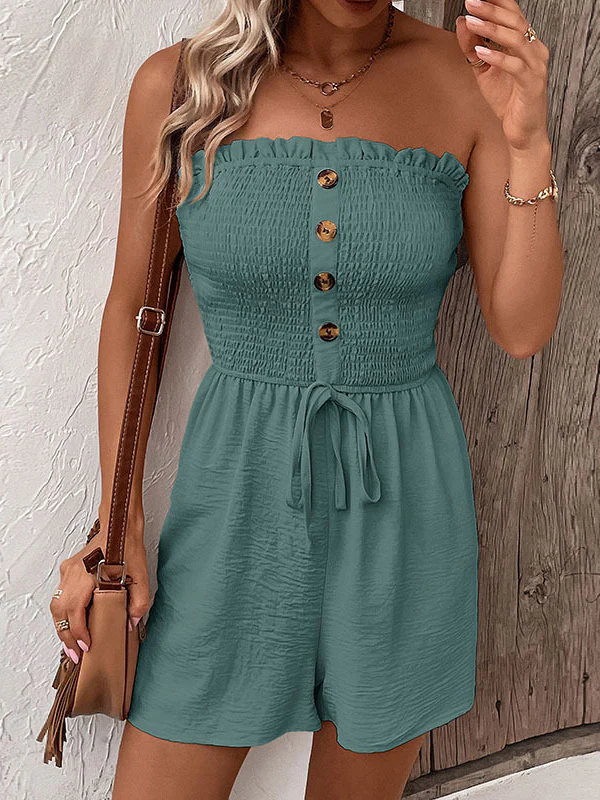 Loose Plus Size Buttoned Drawstring Elasticity Pockets Split-Joint Tube Rompers - Image 10