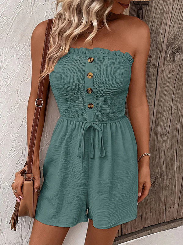 Loose Plus Size Buttoned Drawstring Elasticity Pockets Split-Joint Tube Rompers - Image 11