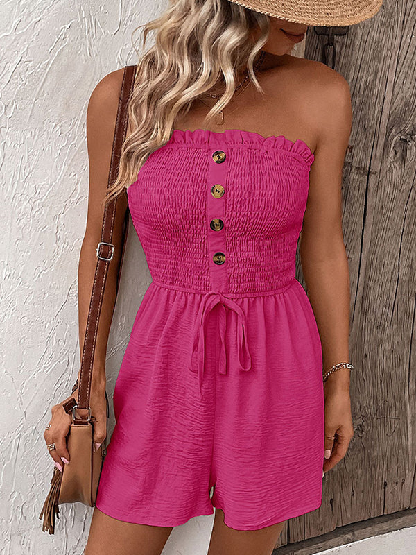 Loose Plus Size Buttoned Drawstring Elasticity Pockets Split-Joint Tube Rompers - Image 15