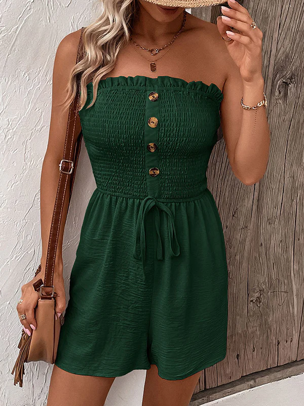 Loose Plus Size Buttoned Drawstring Elasticity Pockets Split-Joint Tube Rompers - Image 17