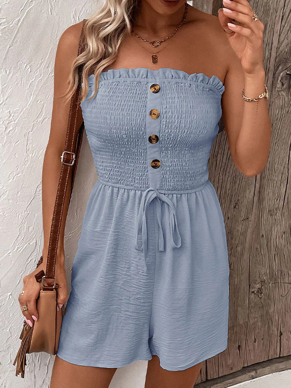 Loose Plus Size Buttoned Drawstring Elasticity Pockets Split-Joint Tube Rompers - Image 8