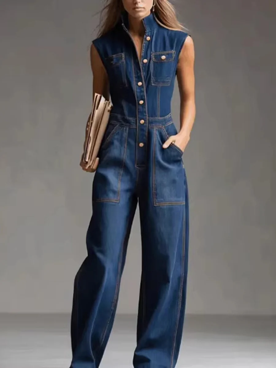 Loose Plus Size Buttoned Pockets Solid Color Split-Joint Stand Collar Jumpsuits - Image 2
