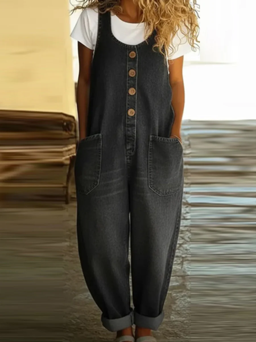 Loose Plus Size Buttoned Pockets Solid Color Split-Joint U-Neck Overalls - Image 2