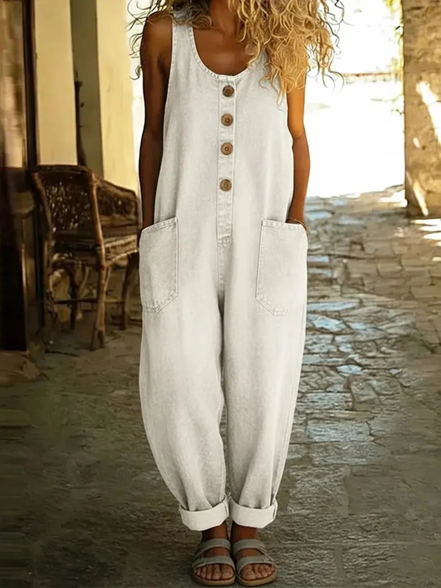 Loose Plus Size Buttoned Pockets Solid Color Split-Joint U-Neck Overalls - Image 3