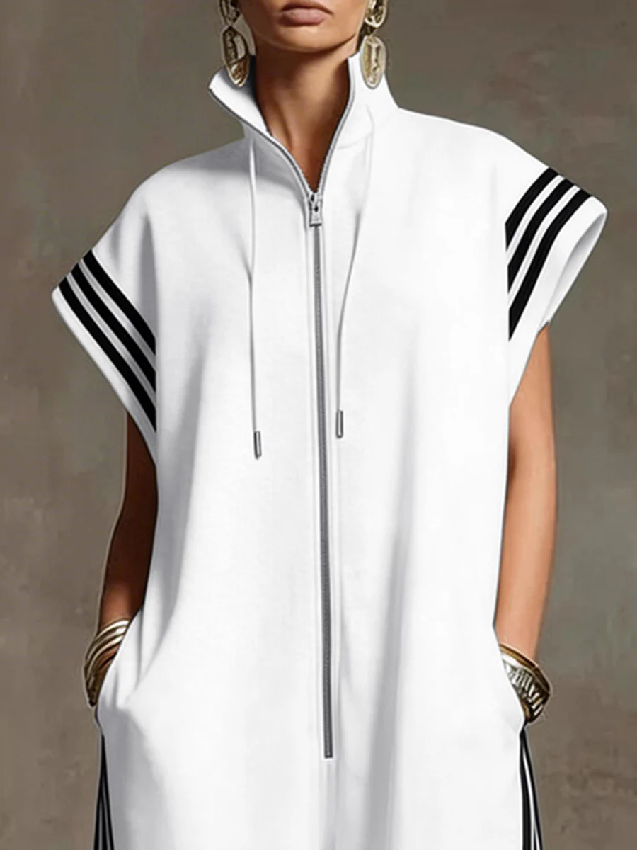 White Plus Size Contrast Color Pockets Split-Joint Striped Zipper Stand Collar Jumpsuits - Image 2