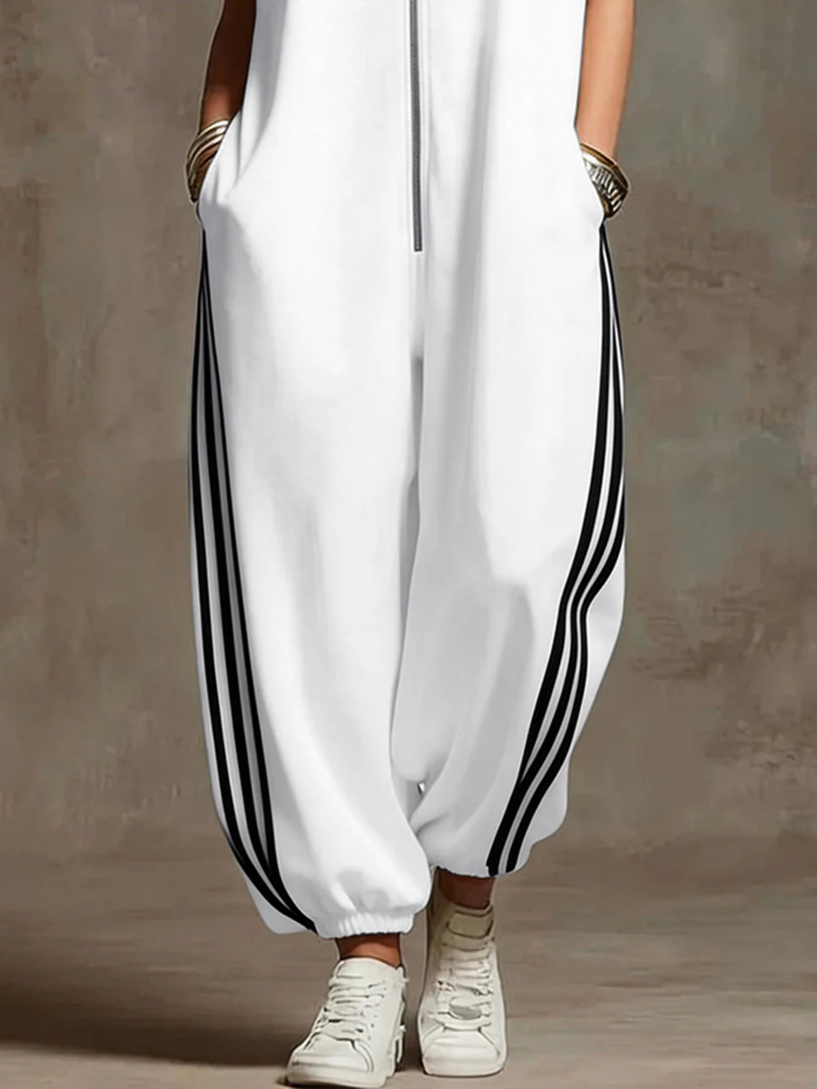 White Plus Size Contrast Color Pockets Split-Joint Striped Zipper Stand Collar Jumpsuits - Image 3