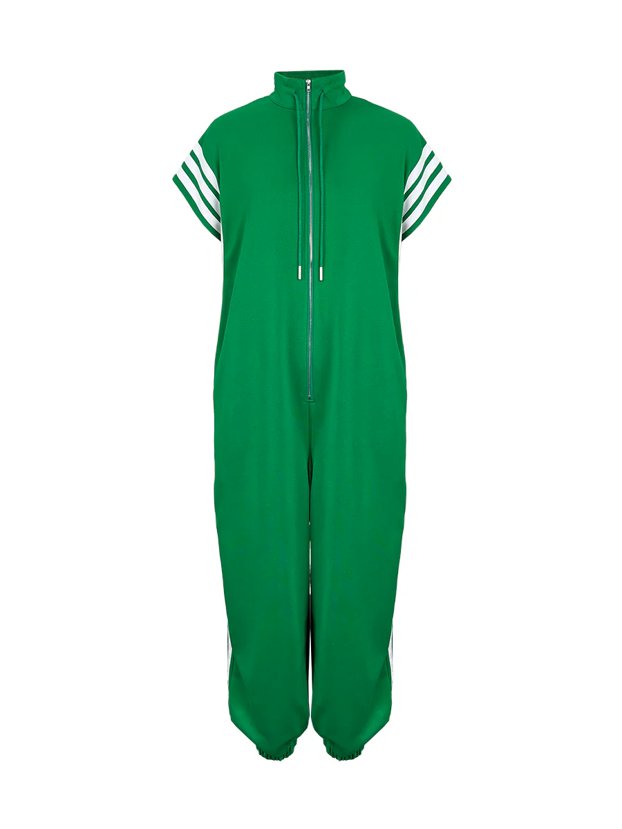 White Plus Size Contrast Color Pockets Split-Joint Striped Zipper Stand Collar Jumpsuits - Image 8
