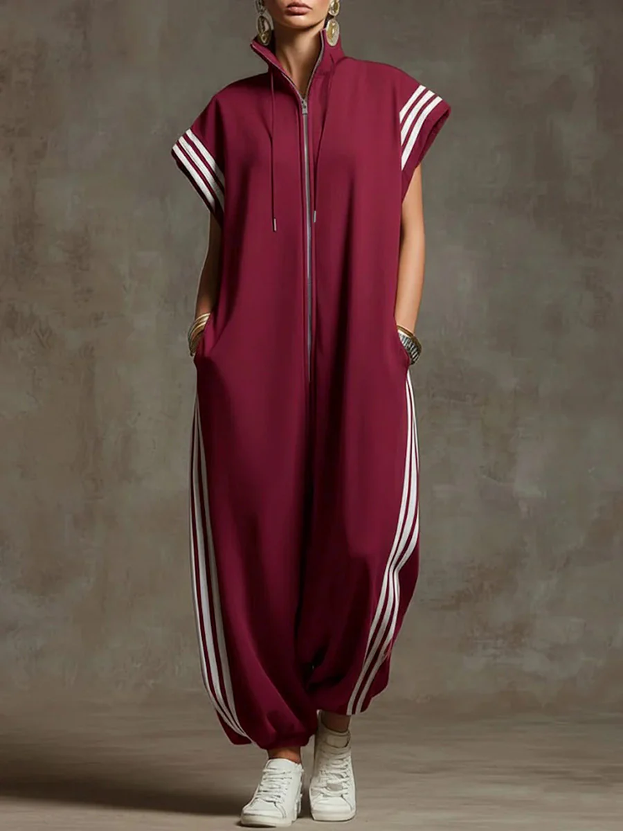 Loose Plus Size Contrast Color Pockets Split-Joint Striped Zipper Stand Collar Jumpsuits Ninth Pants - Image 2
