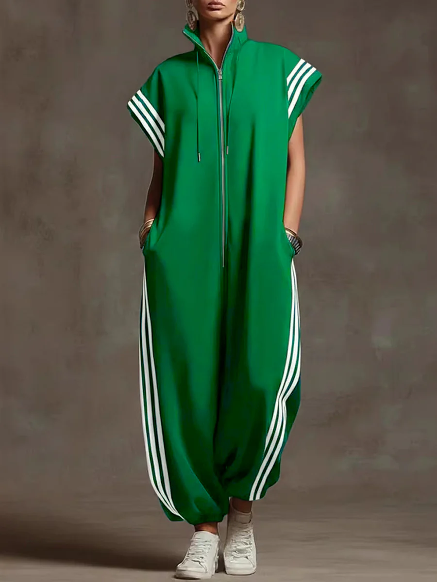 Loose Plus Size Contrast Color Pockets Split-Joint Striped Zipper Stand Collar Jumpsuits Ninth Pants - Image 3
